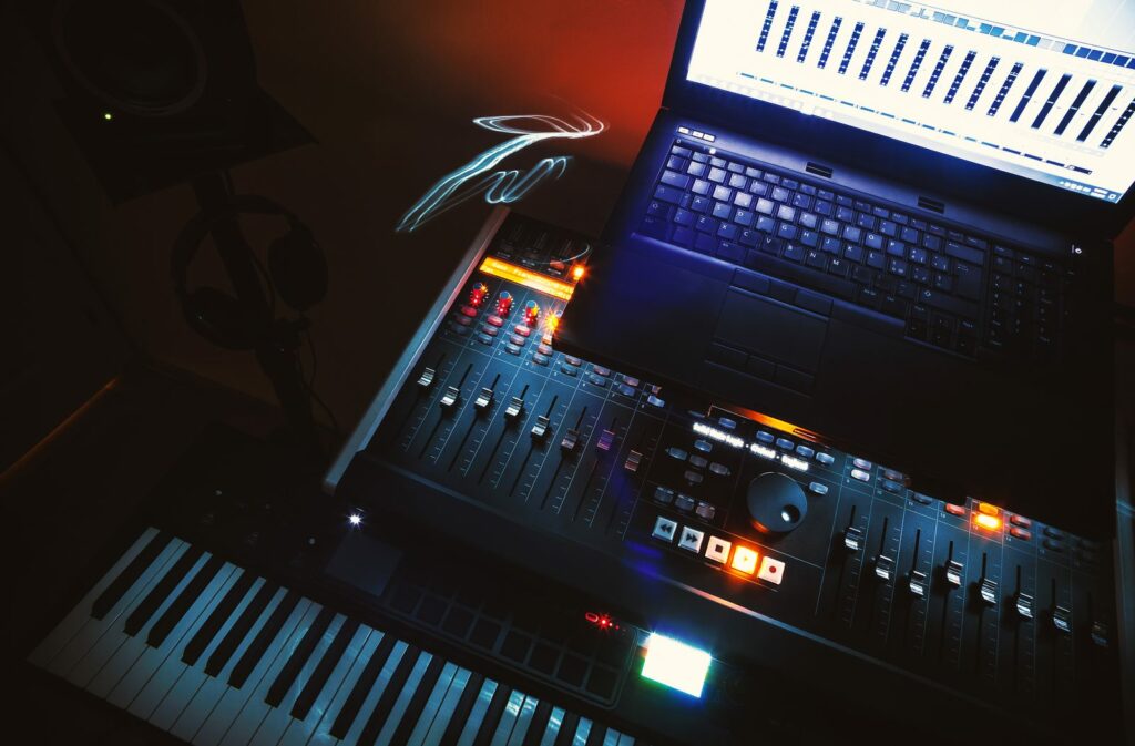 Consola de mezclas y portátil con DAW en un estudio de producción musical